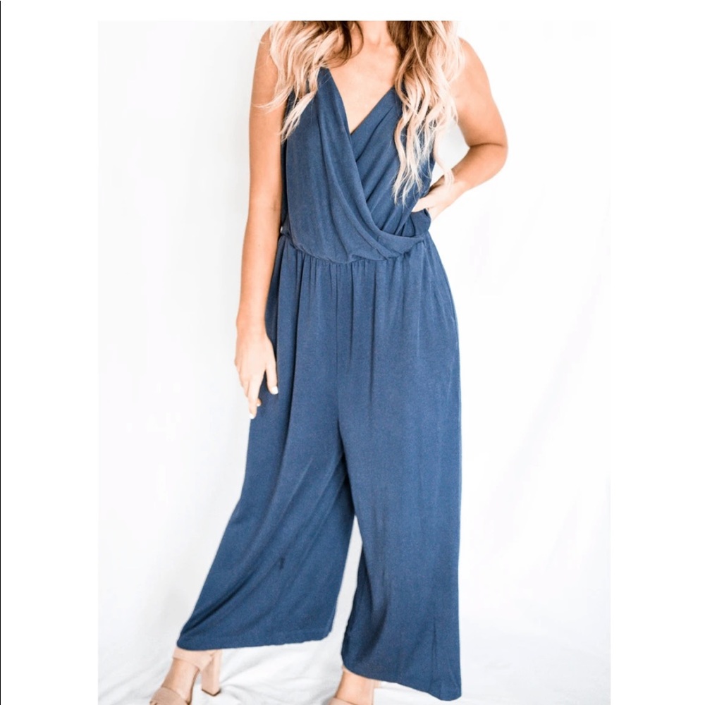 NWOT Blues and Greys Halter Jumpsuit Large